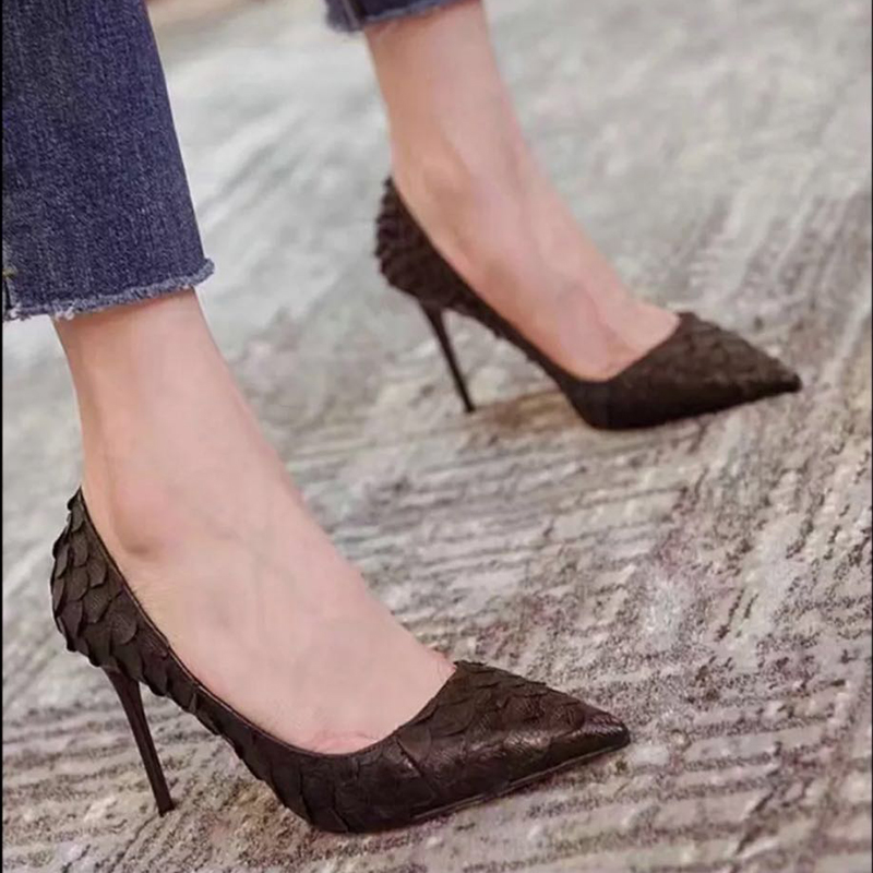 春季新款黑色蛇纹职业小码高跟鞋