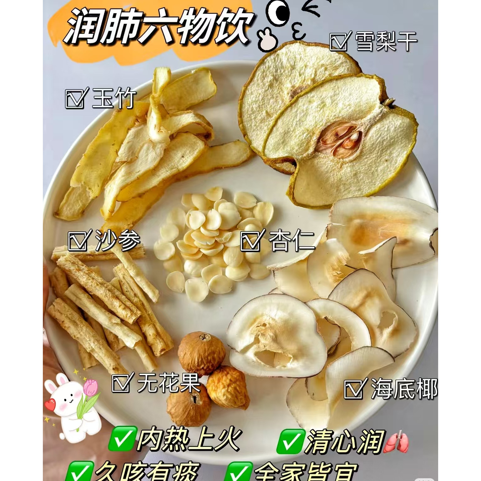 闰肺六物饮儿童清心汤沙参玉竹杏仁雪梨汤咳嗽咽痛生津润燥汤料包