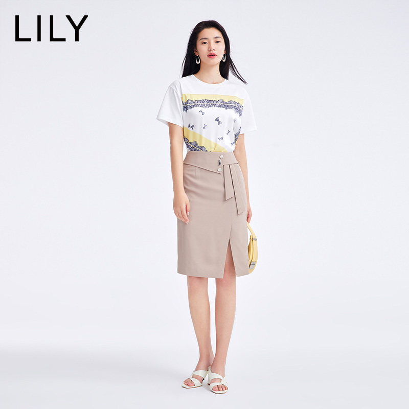 lily夏新款女装别致气质开叉设计纯色优雅温柔显瘦高腰半身裙