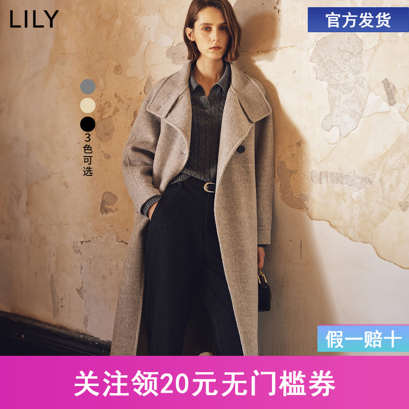 LILY2024冬新款女装绵羊毛骆驼绒轻奢高级感通勤双面呢大衣女长款