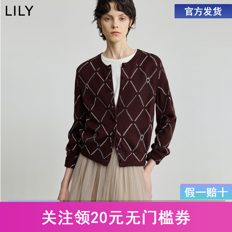 【商场同款】LILY2025秋新款羊毛混纺复古菱格提花针织开衫女短款
