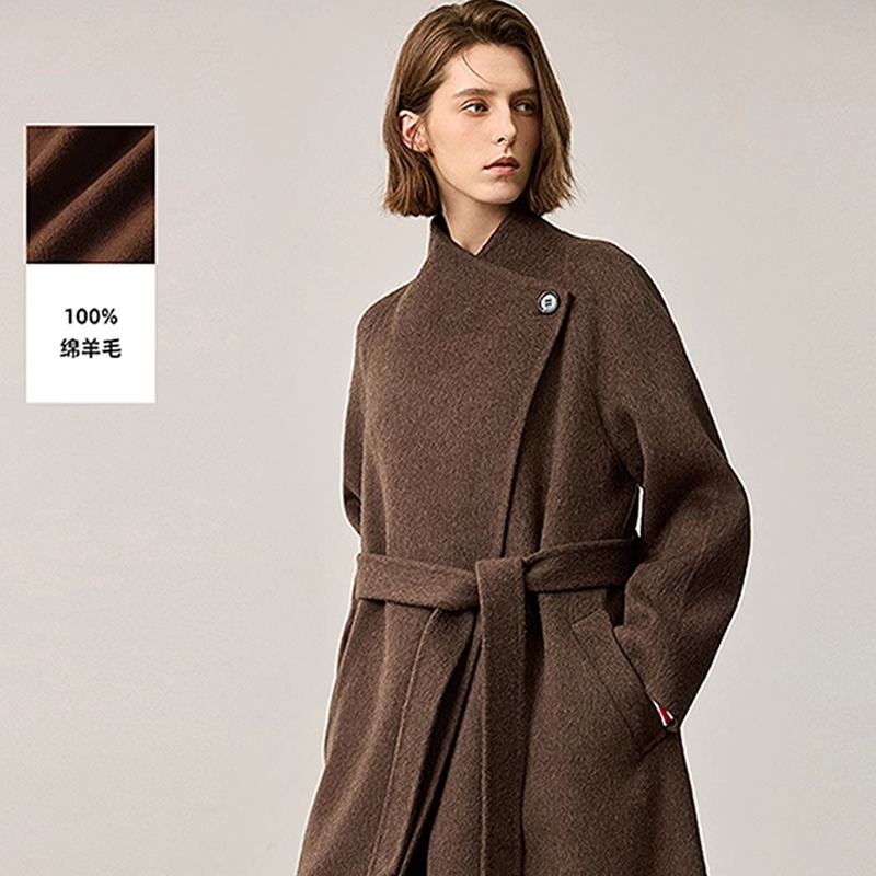 LILY冬新款女装松弛感%绵羊毛不规则领双面呢毛呢大衣女款