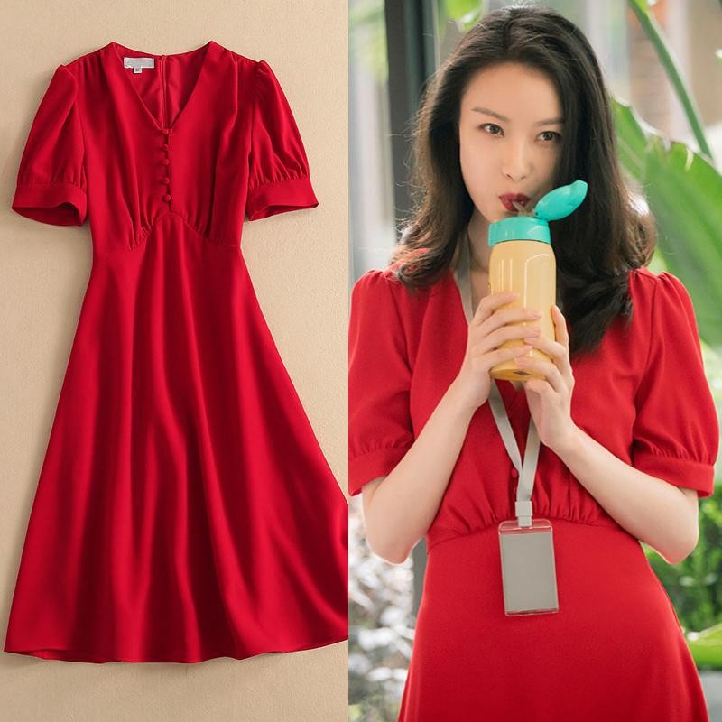 流金岁月朱锁锁倪妮明星同款红色连衣裙女夏装法式v领小礼服裙子