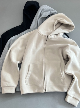 高克重休闲连帽卫衣加绒宽松拉链开衫口袋设计感秋冬新款纯色女士