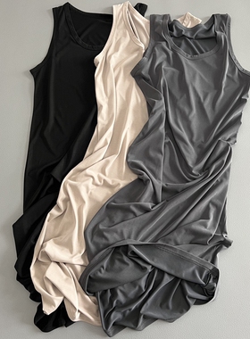 铜氨丝质感长款背心连衣裙顺滑凉凉裙夏季新款女休闲圆领纯色裙子