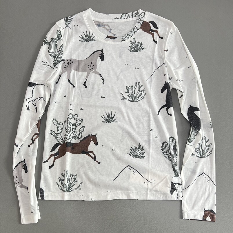 仙人掌小马印花长袖春夏新款休闲T恤女白色薄款防晒修身打底上衣