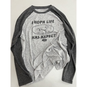 好看到沦陷美式 上衣 圆领糯米感休闲T恤宽松长袖 复古插肩袖 打底衫