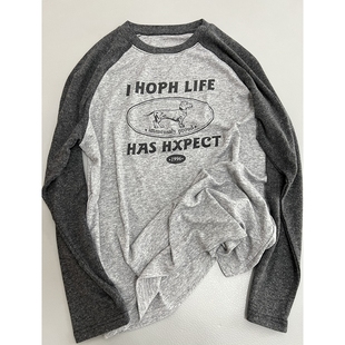 好看到沦陷美式复古插肩袖打底衫圆领糯米感休闲T恤宽松长袖上衣