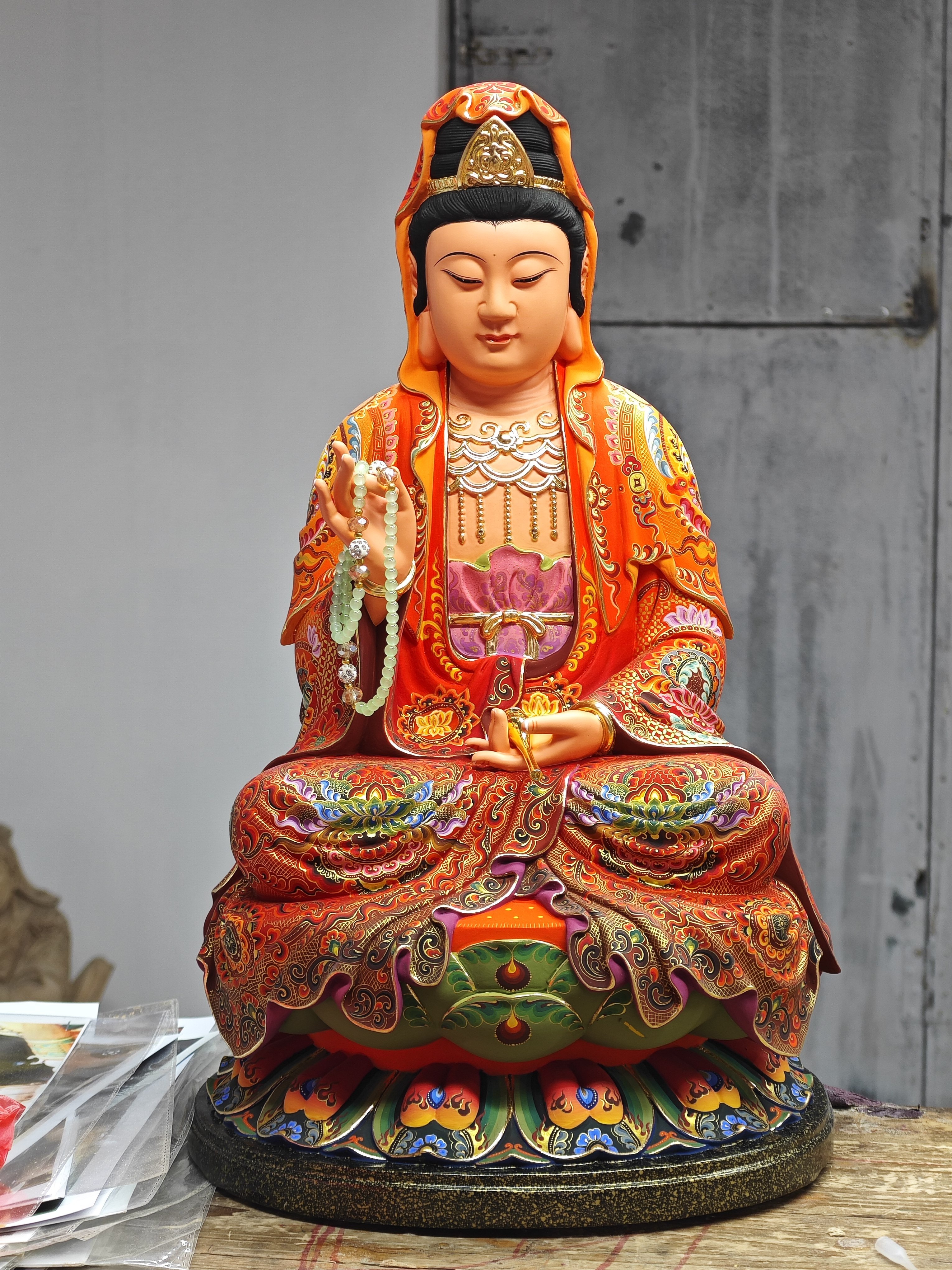 现货 观音菩萨木雕神像实木雕刻古体观音像家居玄关装饰摆件古彩