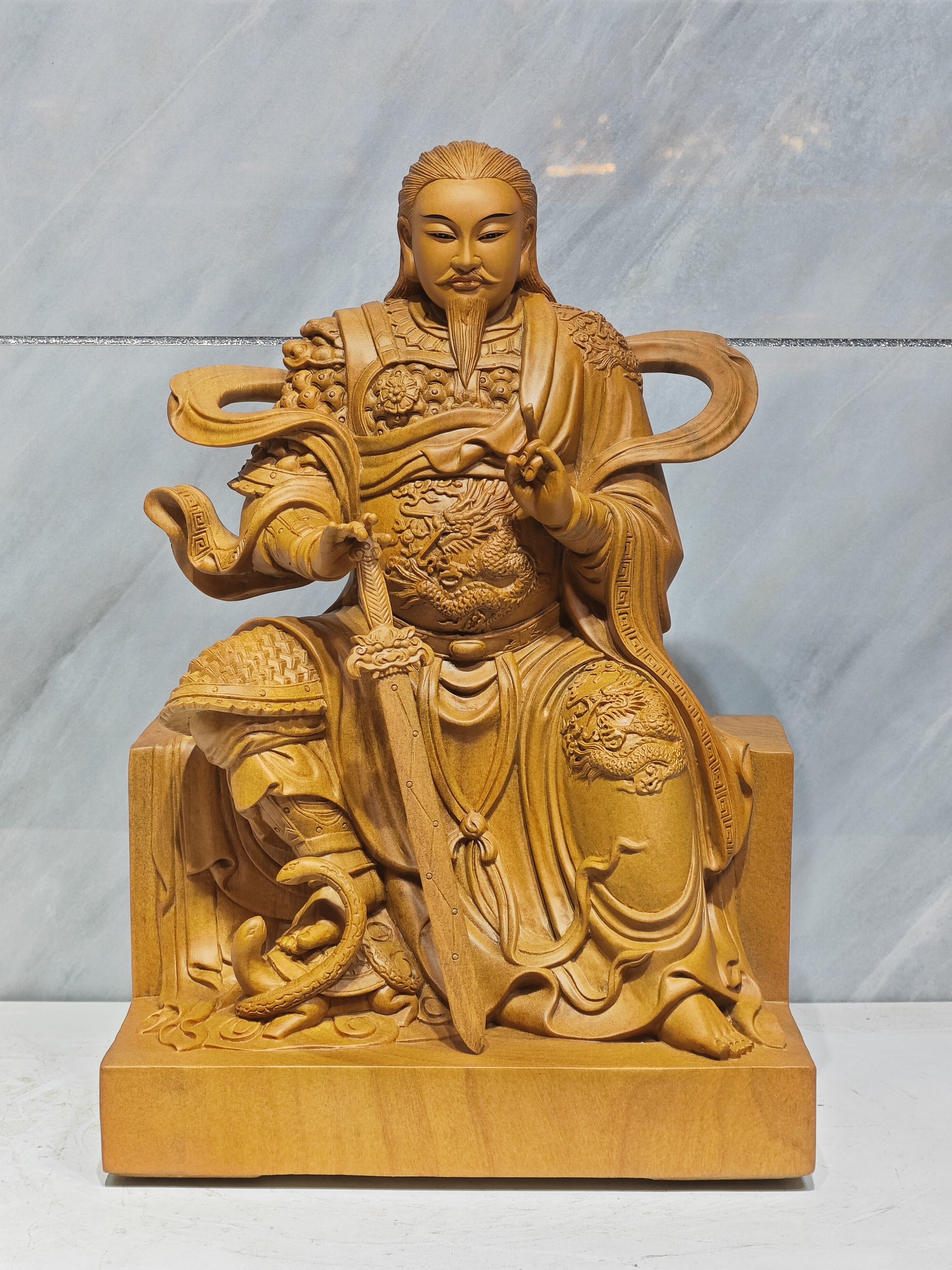 木雕真武大帝神像摆件玄天上帝赵公明家居玄关装饰实木雕刻16寸