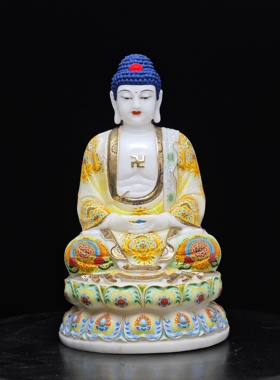 汉白玉彩绘释迦牟尼佛像摆件四川汉白玉原石雕刻家居玄关装饰摆件
