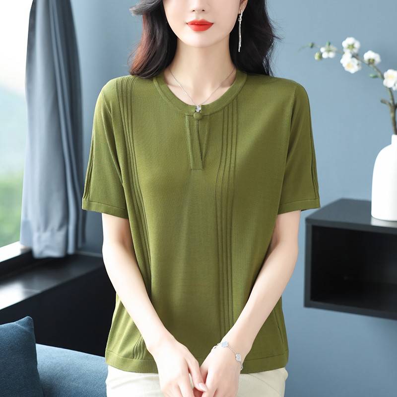 中年妈妈夏装桑蚕丝短袖t恤女薄款宽松加肥大码冰丝针织遮肚上衣