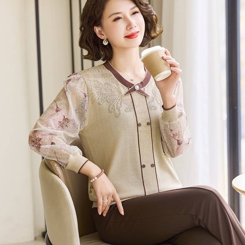 妈妈春装2025新款洋气纱袖针织上衣中老年女薄款T恤春秋季打底衫
