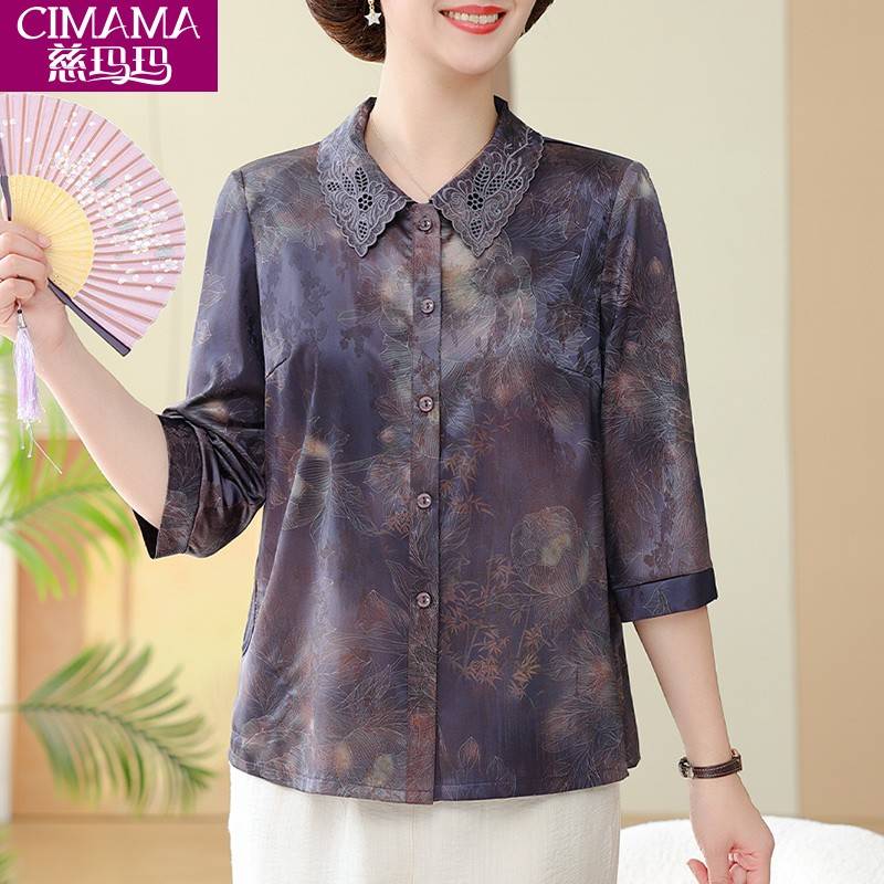 洋气妈妈夏装半袖雪纺衬衣中年妇女高贵上衣服中老年人七分袖衬衫