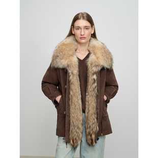 KeleCoco可拆卸连襟领加拿大进口郊狼毛派克服90白鹅绒皮草外套女