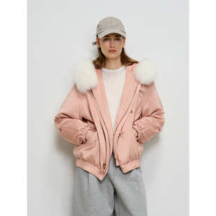 KeleCoco可拆卸狐狸毛领连帽新国标90白鹅绒花苞廓形皮草派克服女