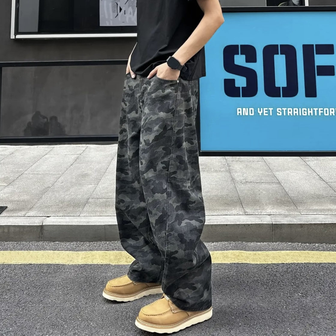 小马家矮个子美式复古工装cleanfit迷彩弯刀微喇牛仔裤男女同款潮