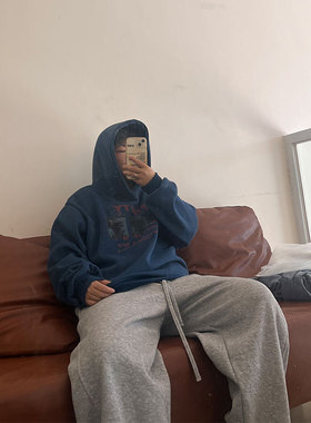 一只卷毛羊矮个子秋冬加绒加厚美式复古蓝色印花连帽卫衣外套