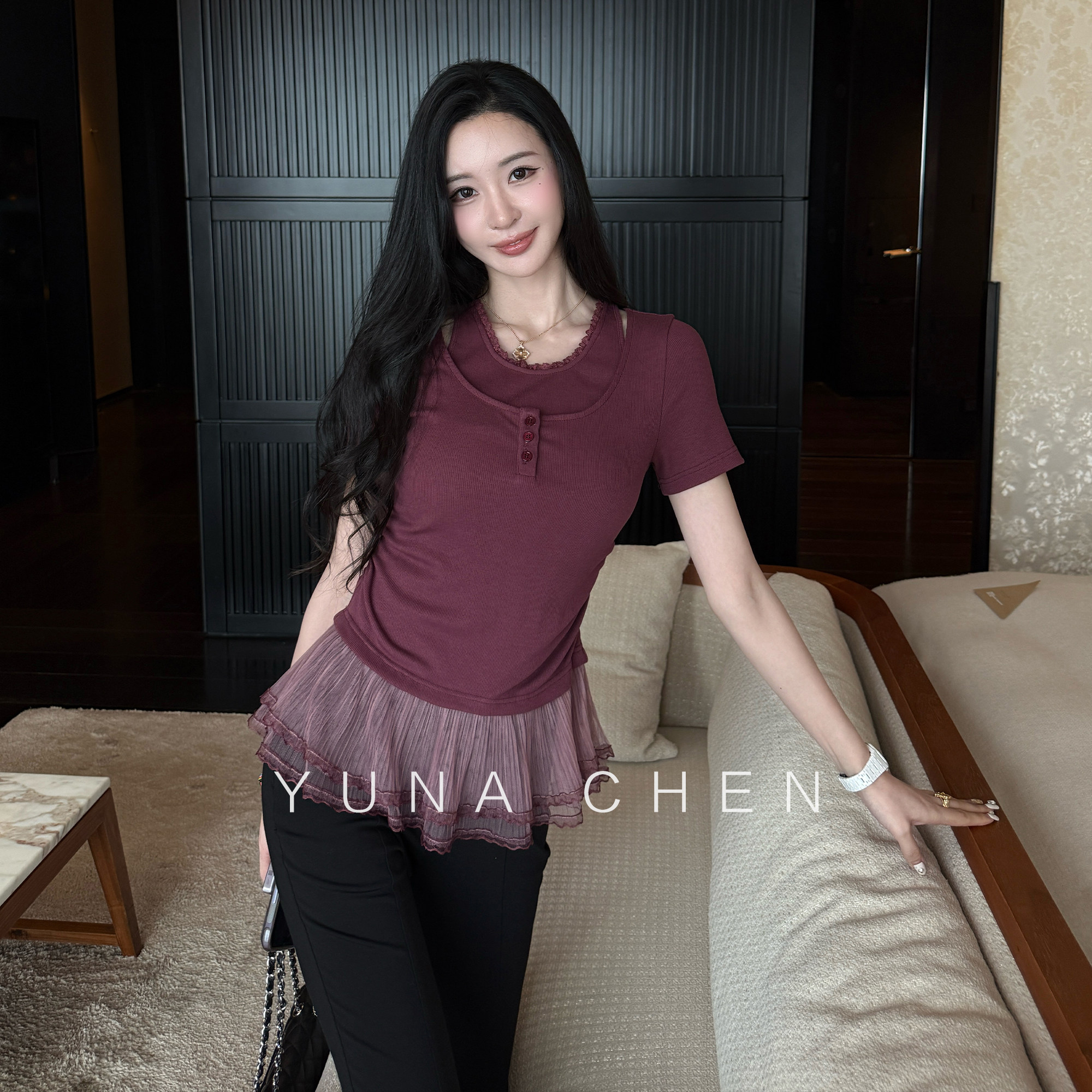 菠萝宝宝yuna【气泡芭蕾】假两件蕾丝拼接芭蕾网纱短袖T恤女夏季