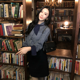 菠萝宝宝yuan【梧桐弄堂】100棉飘带撞色细格纹小耳朵长袖衬衫