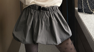 2025春季韩国东大门新款时尚百搭松紧腰皮带设计花苞蓬蓬半身短裙