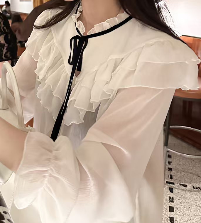 2025秋季新款韩国东大门立领荷叶边（雪纺衬衫法式长袖衬衣喇叭袖