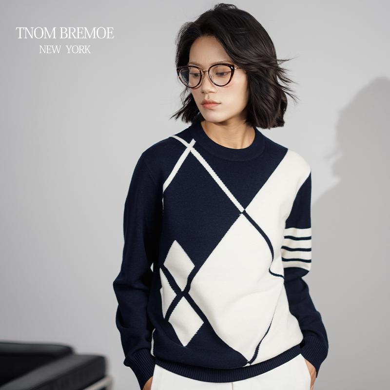 [TNOMBREMOE]TB男女同款秋冬套头长袖格子衫针织撞色拼接圆领毛衣