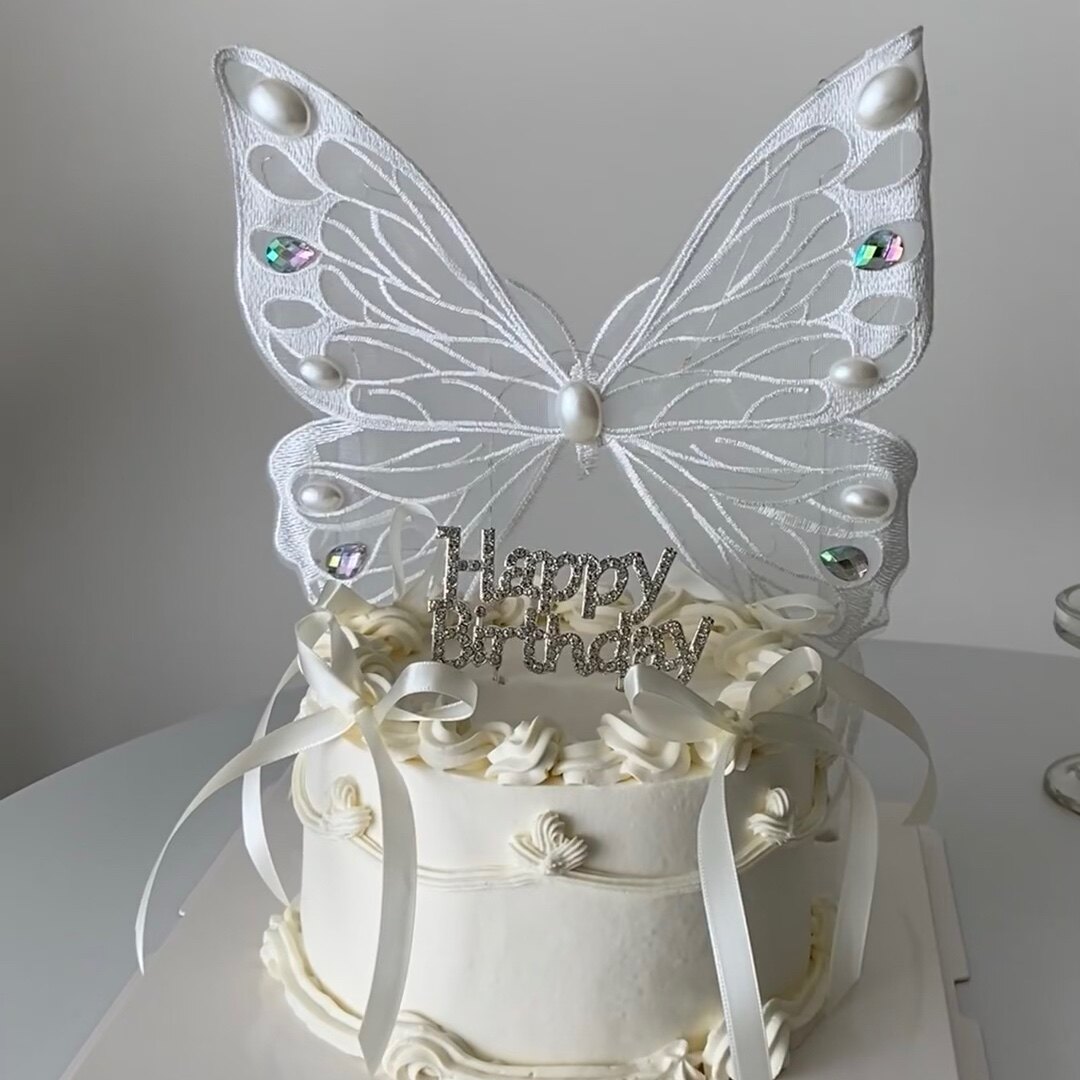 网红女神天使蝴蝶翅膀生日蛋糕装饰唯美刺绣带灯大蝴蝶发光灯串