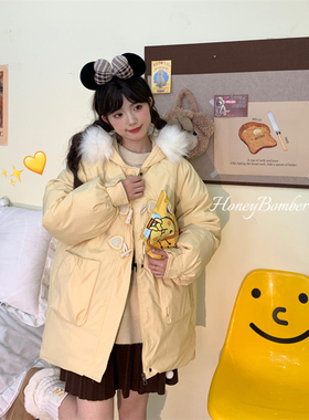 甜心轰炸机 日系牛角扣毛领连帽棉服女秋冬季大口袋加厚棉衣外套