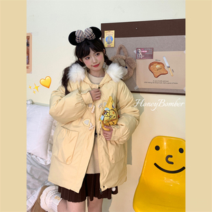 日系牛角扣毛领连帽棉服女秋冬季 甜心轰炸机 大口袋加厚棉衣外套