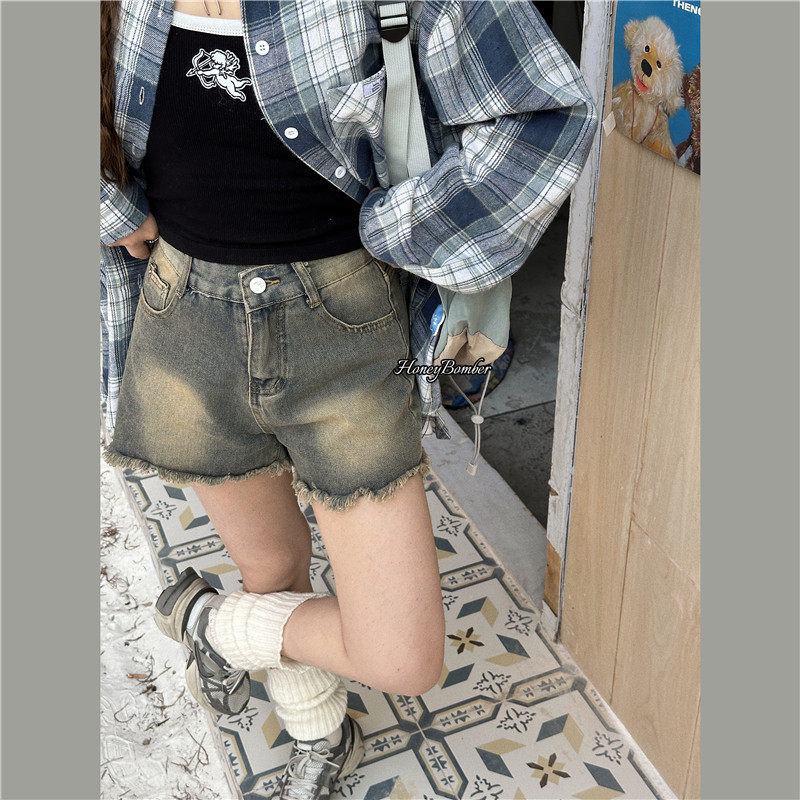 甜心轰炸机小个子美式复古辣妹显瘦高腰复古休闲毛边牛仔短裤热裤