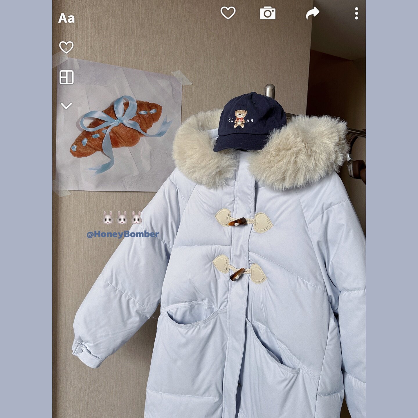 中戏冬奶蓝色连帽毛领牛角扣棉服女中长款加厚保暖羽绒棉服衣外套