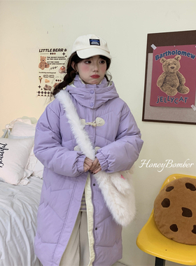 甜心轰炸机 紫色减龄牛角扣羽绒棉服女秋冬季中长款连帽棉衣外套