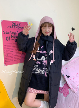 甜心轰炸机 秋冬季黑色爱心牛角扣连帽棉服女中长款宽松加厚棉衣