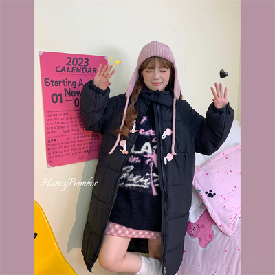 秋冬季中长款黑色爱心牛角扣棉服