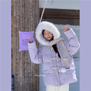 宽松大毛领加厚面包服外套 甜心轰炸机紫色牛角扣羽绒棉服女冬季