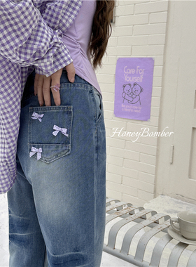 甜心轰炸机设计感美式立体紫色蝴蝶结高腰显瘦直筒阔腿牛仔长裤女