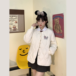 休闲宽松短款 甜心轰炸机日系甜美粉色菱格小猫棉服女秋冬季 棉衣