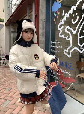 甜心轰炸机美式童趣企鹅立领短款羽绒棉服女冬保暖面包服加厚外套