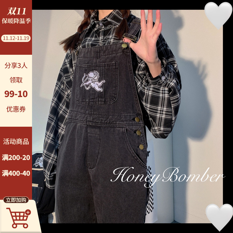 甜心轰炸机 韩系甜酷天使刺绣牛仔背带裤女春秋季宽松阔腿连体裤