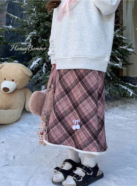 甜心轰炸机日系复古高腰毛呢格子半身裙女秋冬季长裙子开叉A字裙