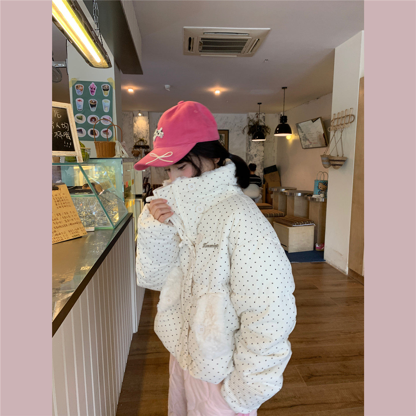 甜美减龄甜美米白色波点棉服外套