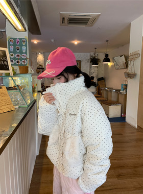 甜心轰炸机米白色波点温柔立领翻领短款羊羔毛外套保暖毛绒棉服