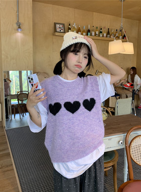 甜心轰炸机 爱心紫色黑色提花短款外搭叠穿针织马甲毛衣背心女款