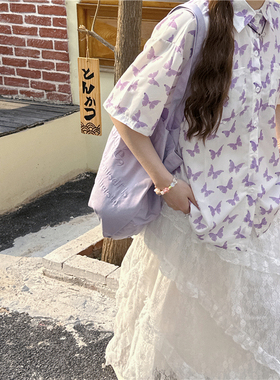 甜心轰炸机 vibe休闲y2k蝴蝶XG印花设计盐系夏日古着感短袖衬衫