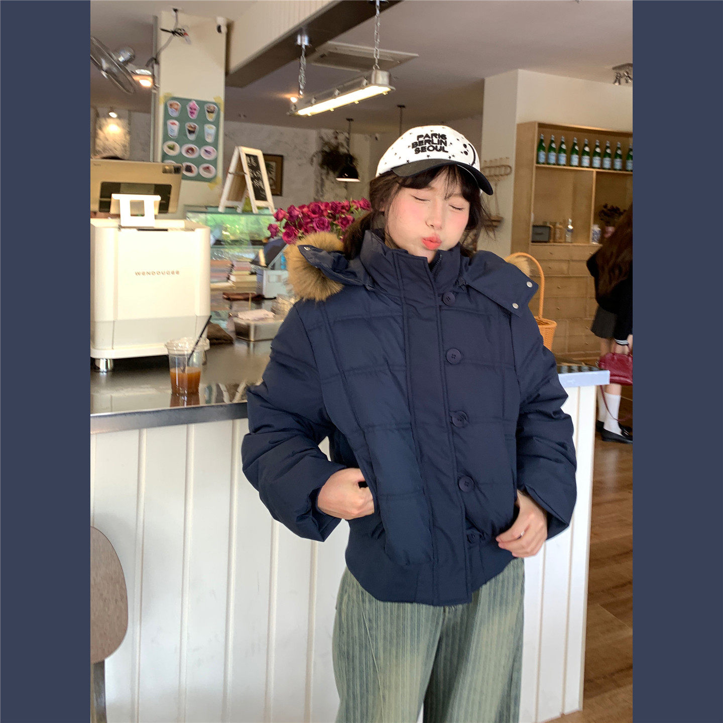 甜心轰炸机加厚棉服外套女冬季小个子短款美式显高毛领连帽派克服