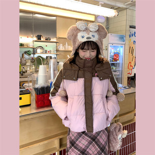 甜心轰炸机美式连帽防风甜酷可爱小熊秋冬棉袄短款羽绒棉服外套女