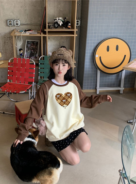 甜心轰炸机复古宽松美式日系爱心蝴蝶结插肩袖卫衣女情侣上衣百搭