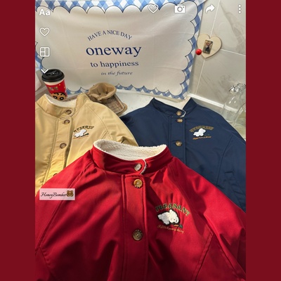 甜心轰炸机红色小熊连帽短款羽绒棉服女羊羔毛保暖派克服加厚外套