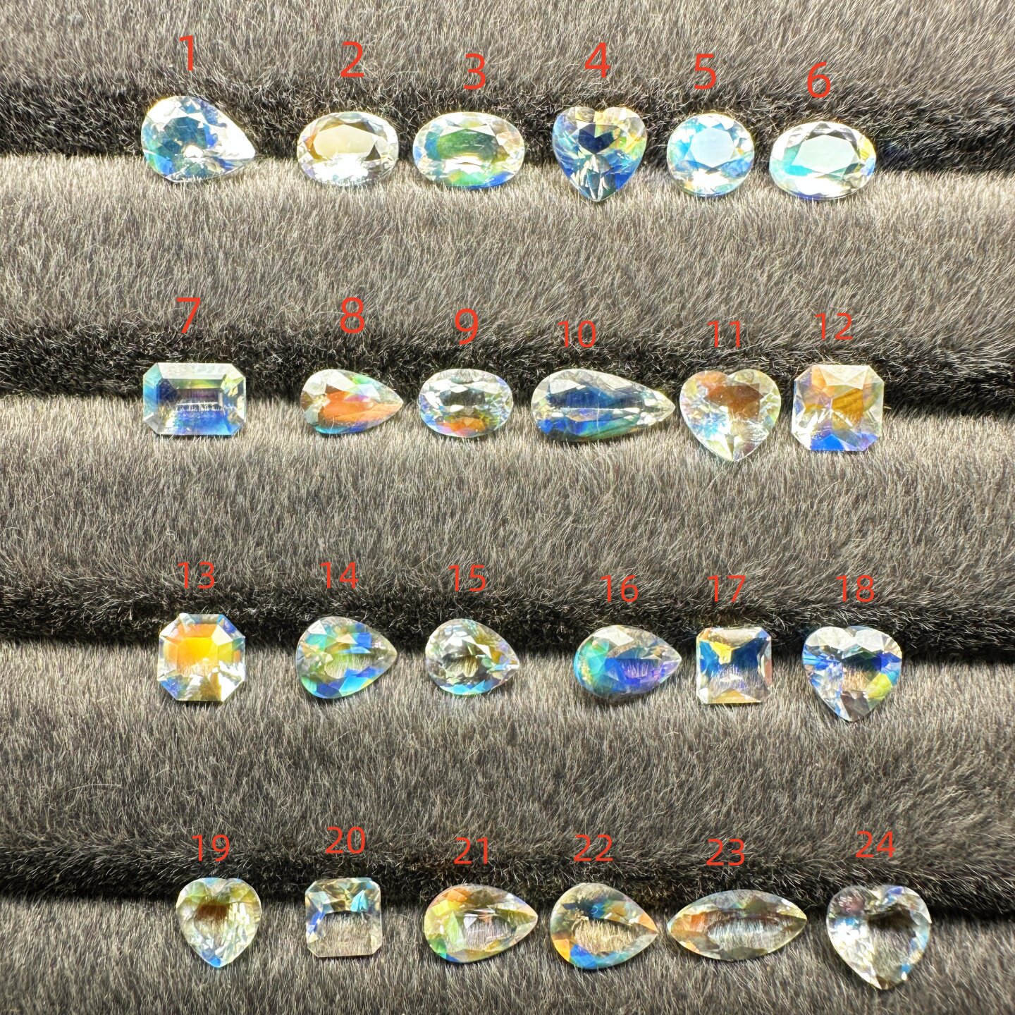 天然精选彩虹月光石裸石刻面炫彩水滴心形切工120/克拉起戒面啊22